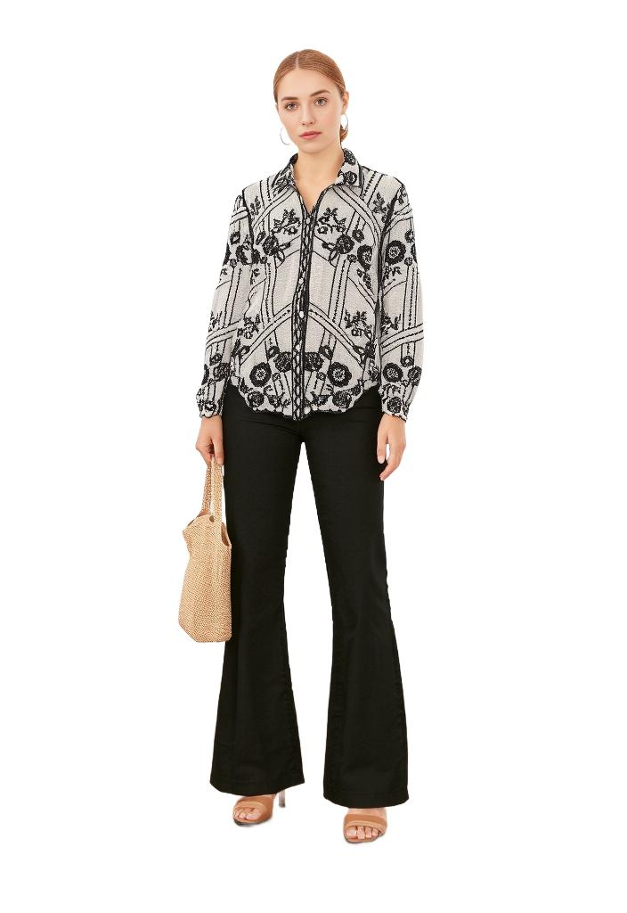 Black & White Floral Embroidered Relaxed Fit Shirt - VEARMEE