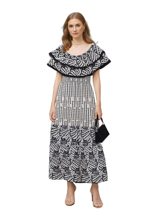 Black & White Floral Embroidered Fit & Flare Midi Dress - VEARMEE