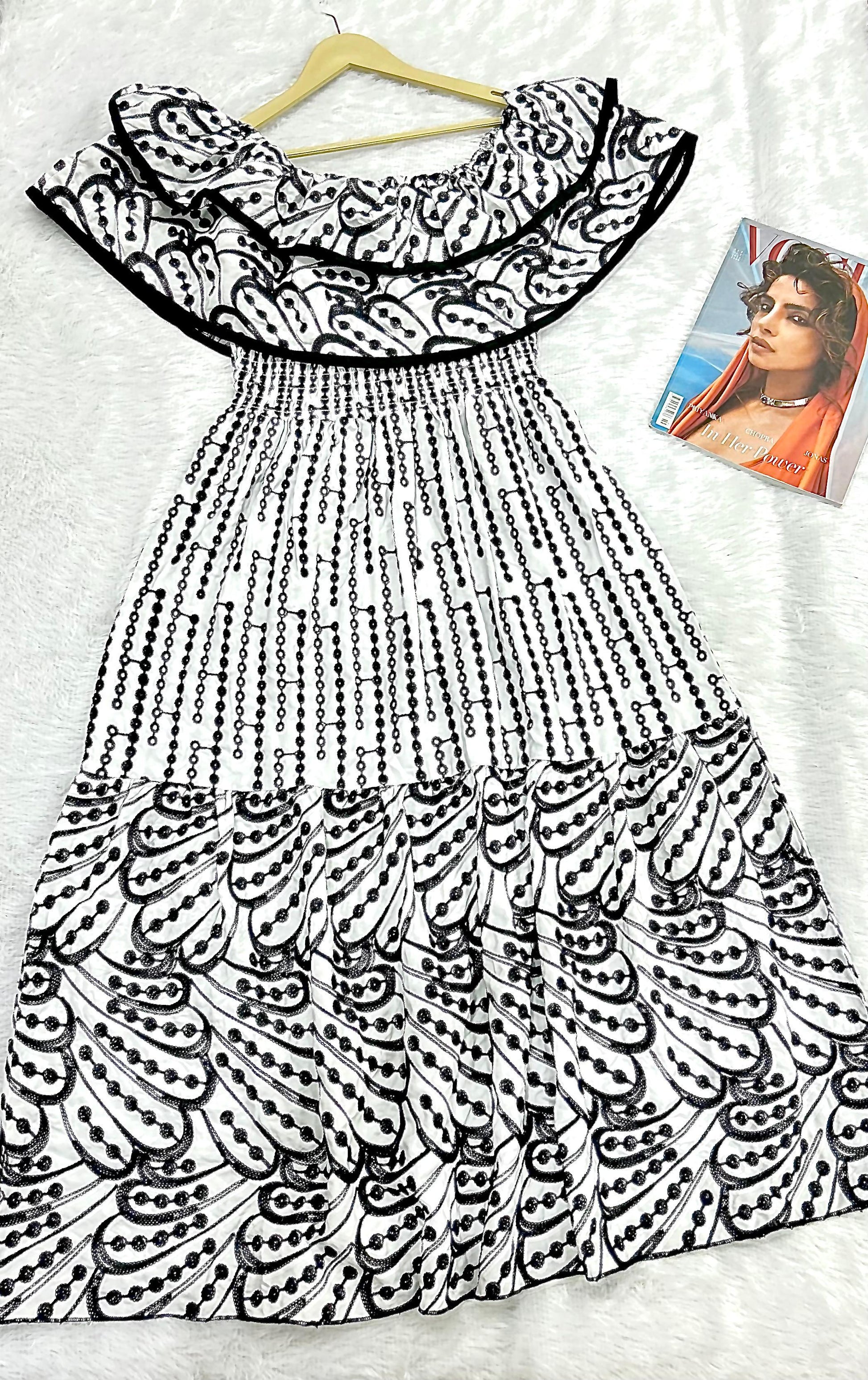 Black & White Floral Embroidered Fit & Flare Midi Dress