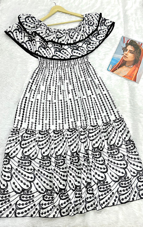 Black & White Floral Embroidered Fit & Flare Midi Dress