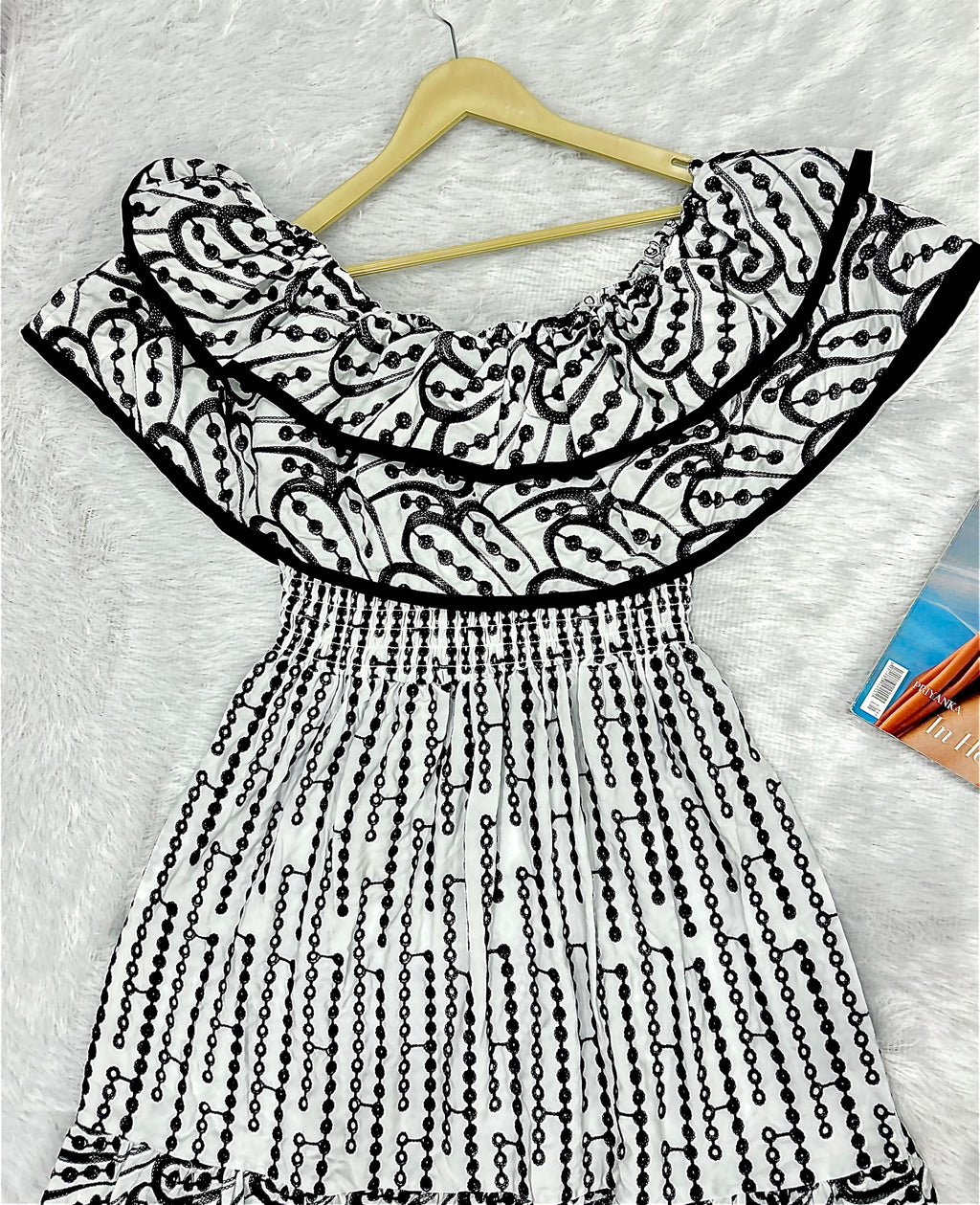 Black & White Floral Embroidered Fit & Flare Midi Dress