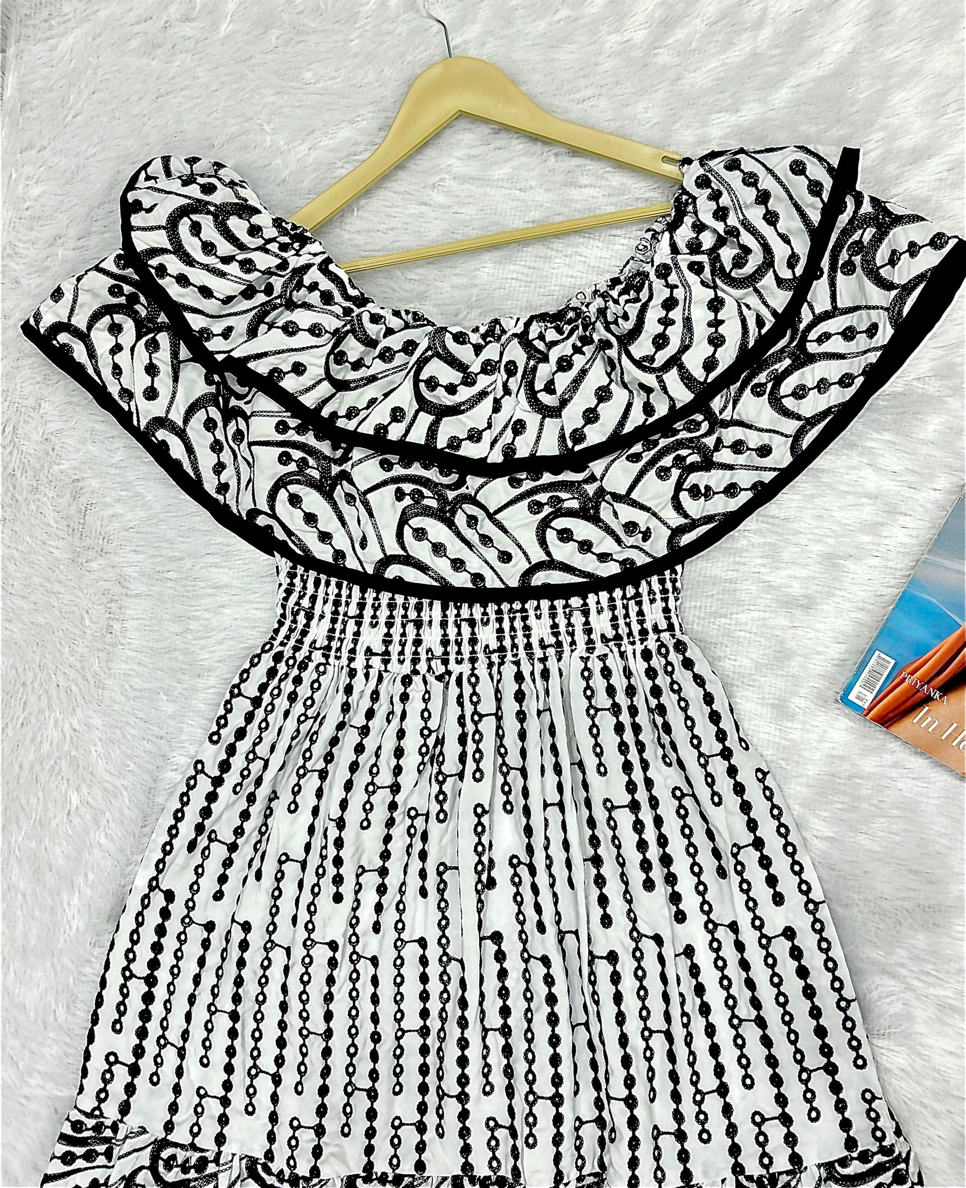 Black & White Floral Embroidered Fit & Flare Midi Dress