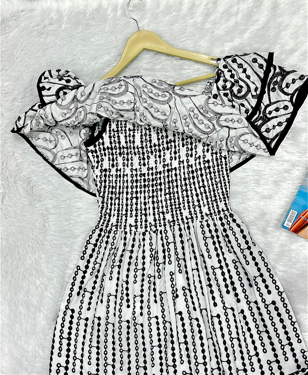 Black & White Floral Embroidered Fit & Flare Midi Dress
