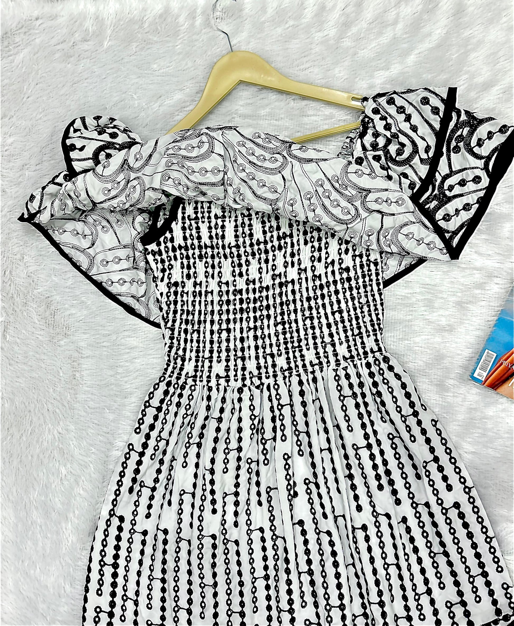 Black & White Floral Embroidered Fit & Flare Midi Dress