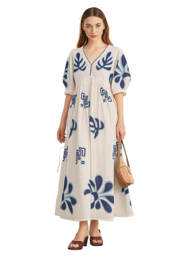 Off-White Floral Embroidered Puff Sleeves Empire Maxi Dress - VEARMEE