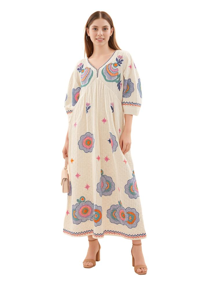 Multi Floral Embroidered Puff Sleeves Empire Maxi Dress - VEARMEE