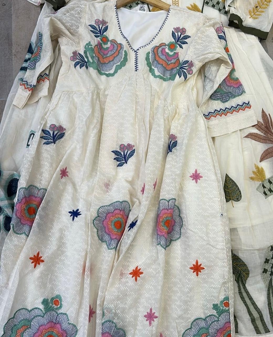 Multi Floral Embroidered Puff Sleeves Empire Maxi Dress - VEARMEE