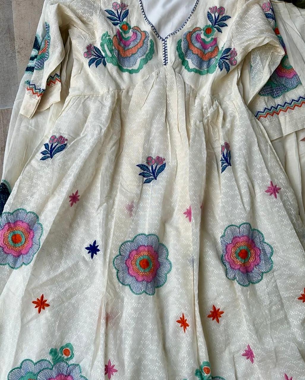 Multi Floral Embroidered Puff Sleeves Empire Maxi Dress - VEARMEE