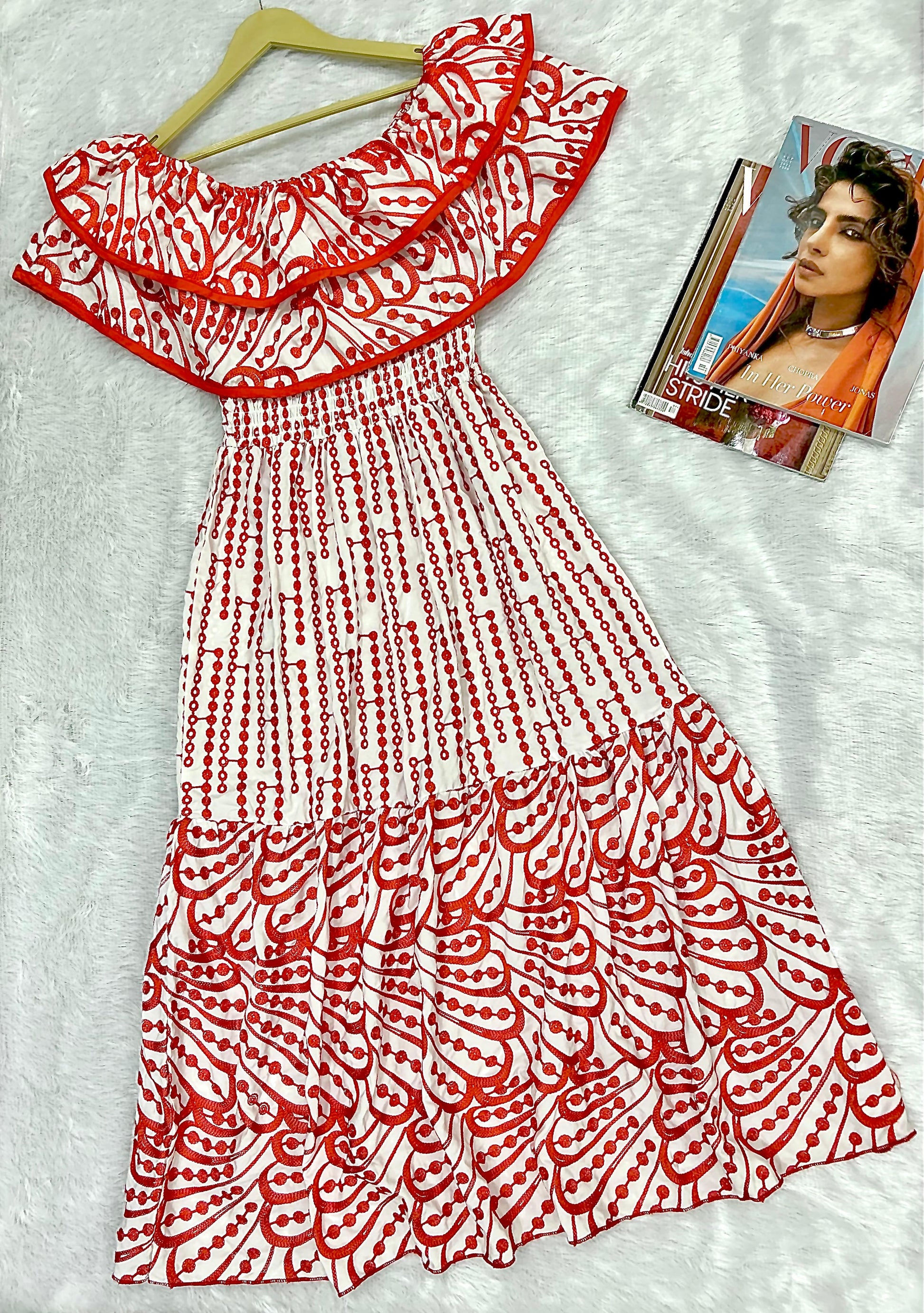 Red & White Floral Embroidered Fit & Flare Midi Dress