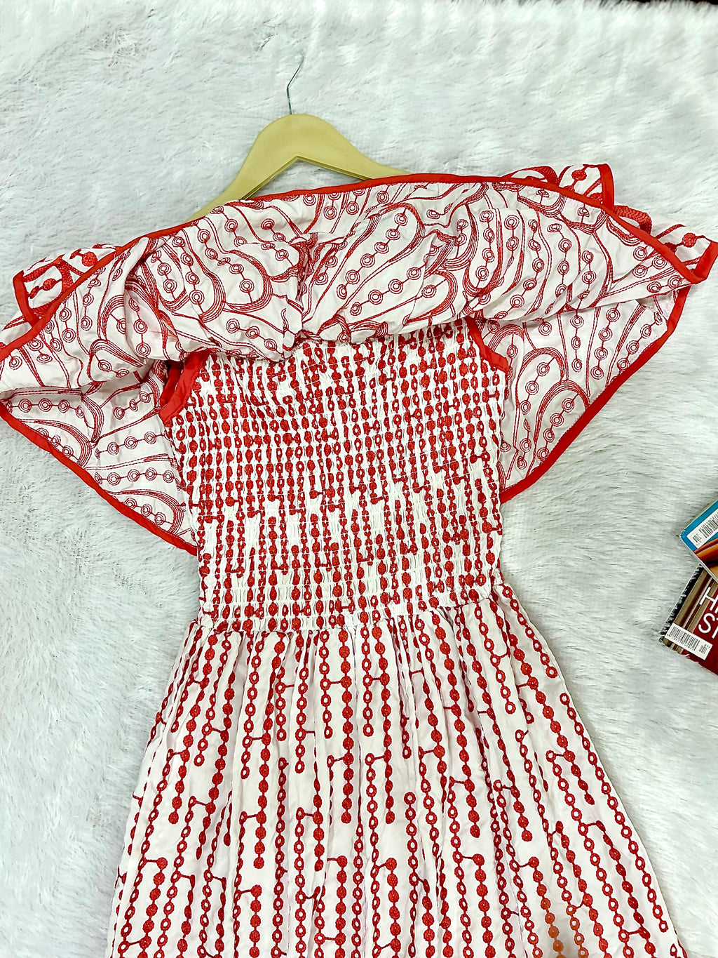 Red & White Floral Embroidered Fit & Flare Midi Dress