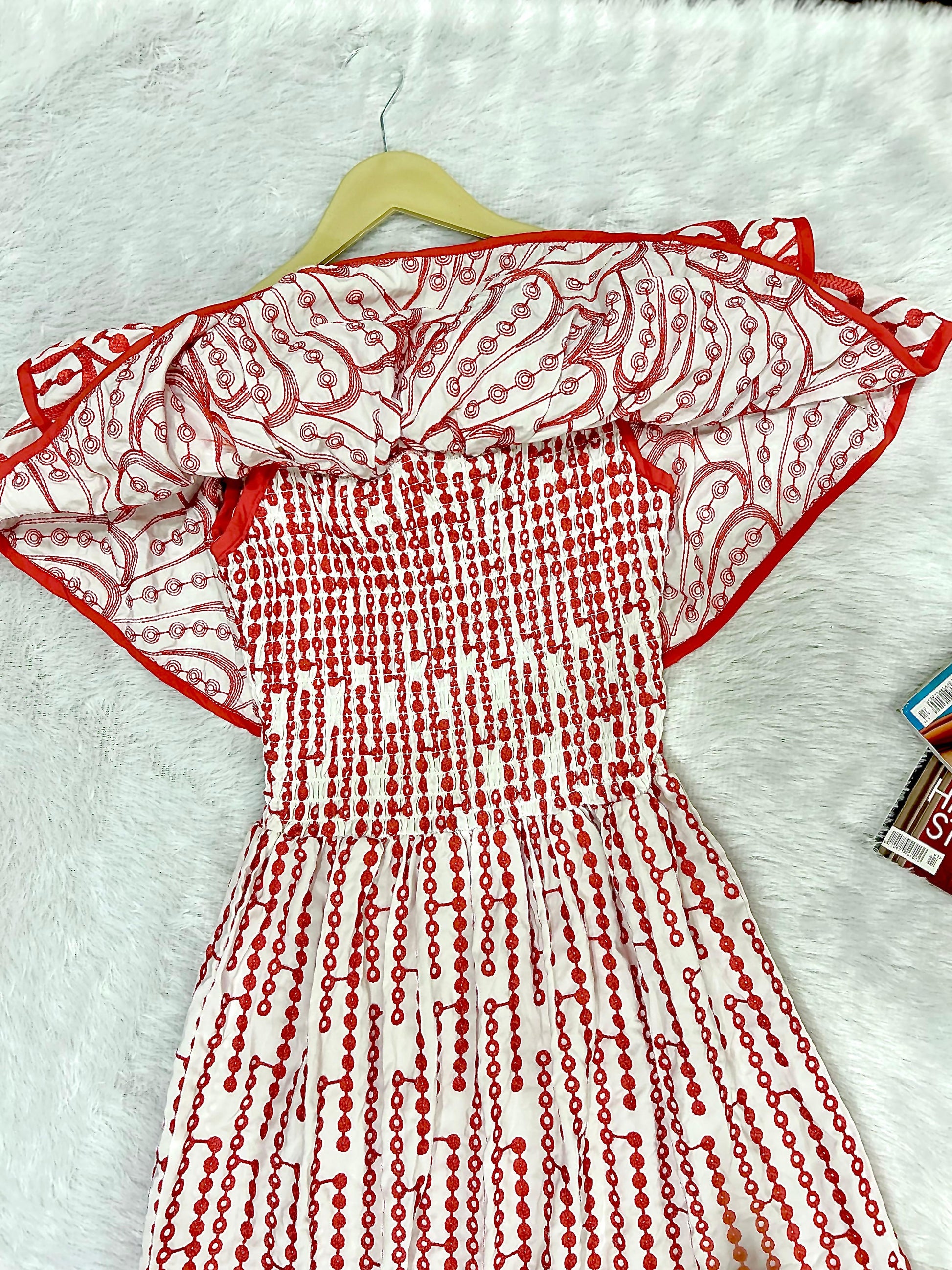 Red & White Floral Embroidered Fit & Flare Midi Dress