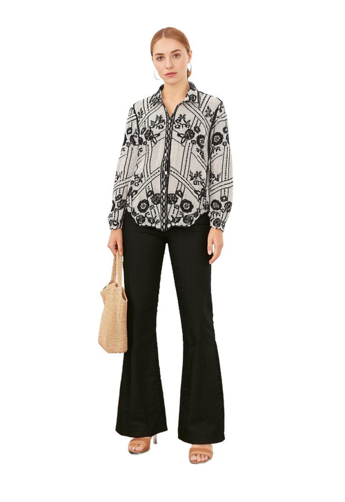 Black & White Floral Embroidered Relaxed Fit Shirt - VEARMEE