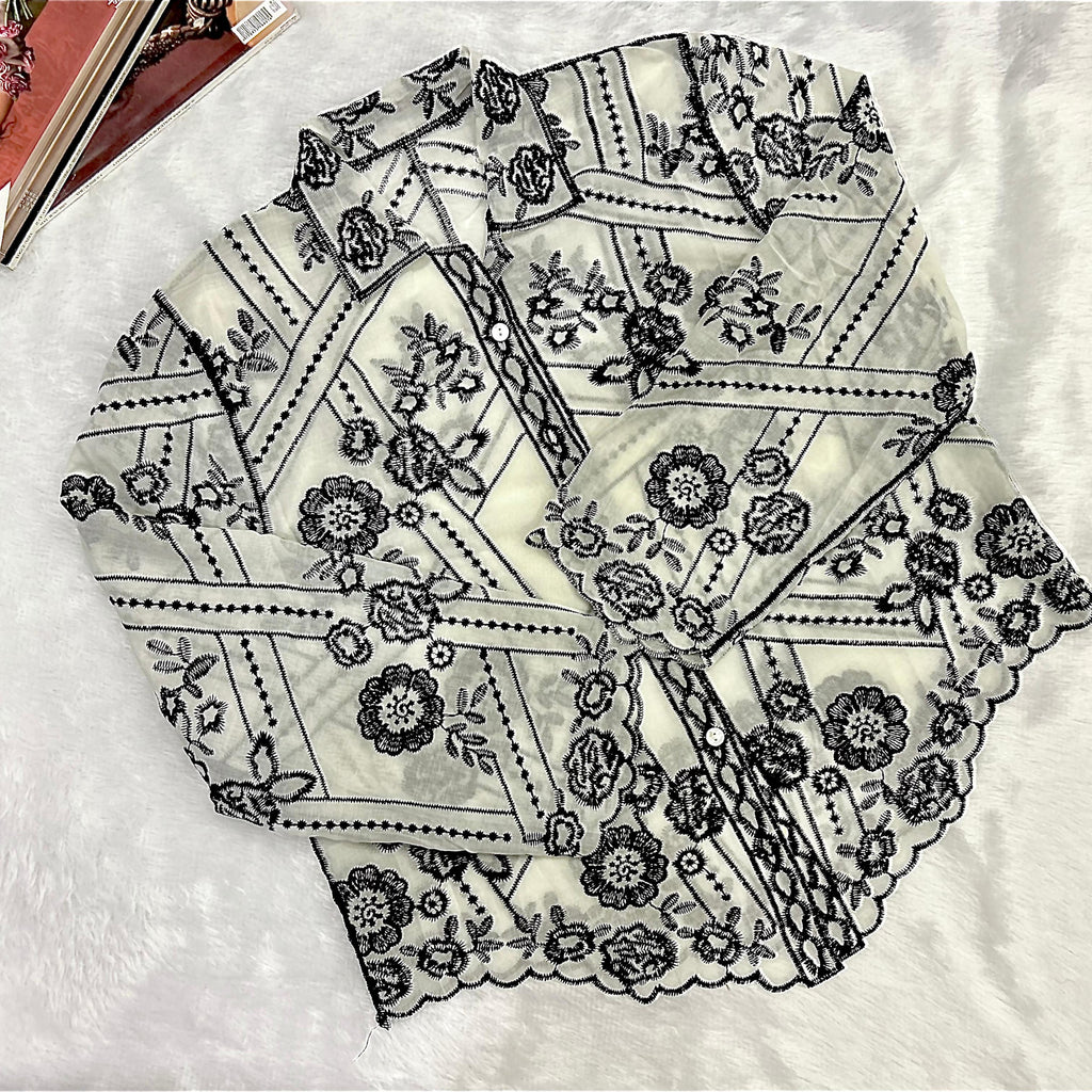 Black & White Floral Embroidered Relaxed Fit Shirt