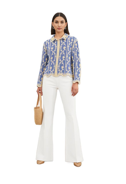 Blue Floral Embroidered Bohemian Relaxed Fit Shirt - VEARMEE