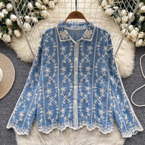 Blue Floral Embroidered Bohemian Relaxed Fit Shirt