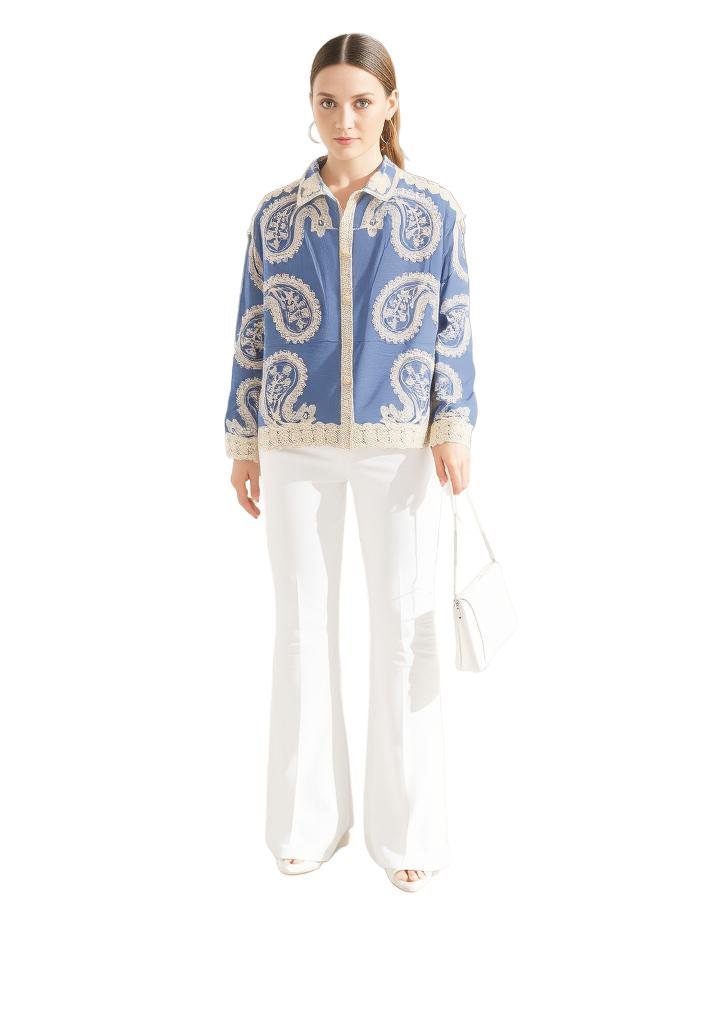 Blue Paisley Embroidered Bohemian Relaxed Fit Shirt - VEARMEE