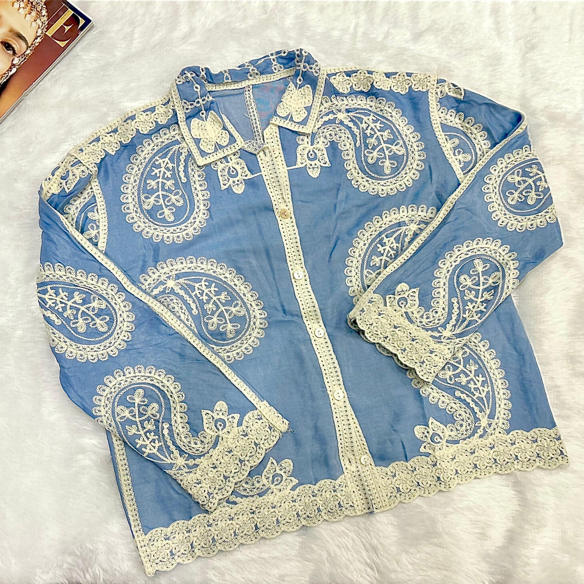 Blue Paisley Embroidered Bohemian Relaxed Fit Shirt