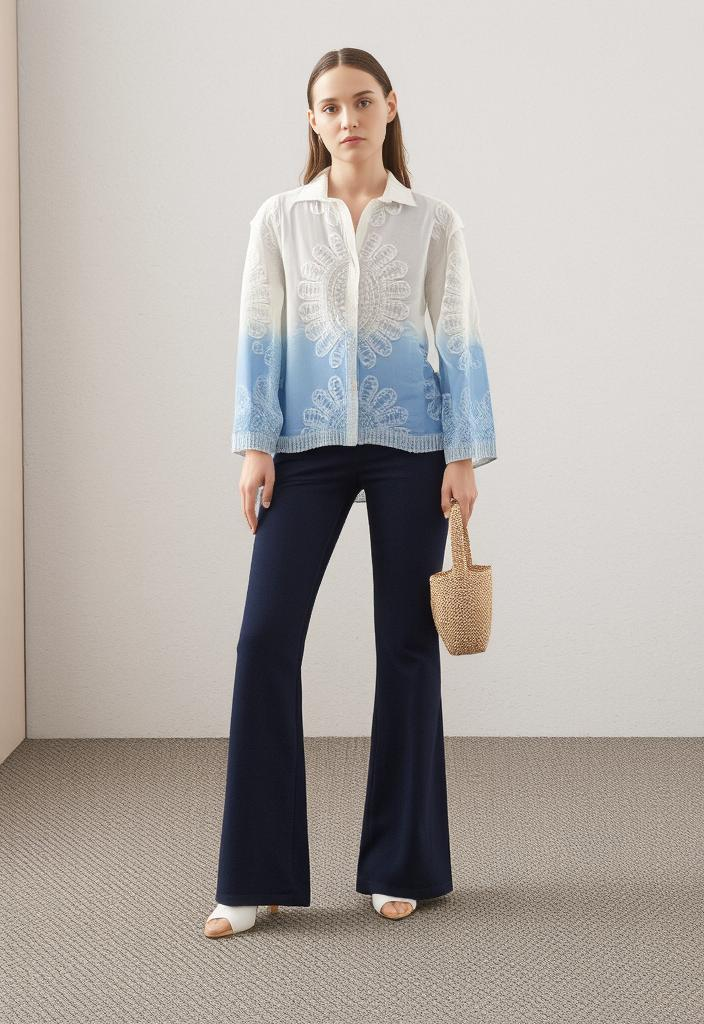 Blue & White Ombre All Over Embroidered Shirt - VEARMEE