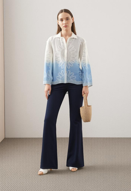 Blue & White Ombre All Over Embroidered Shirt - VEARMEE