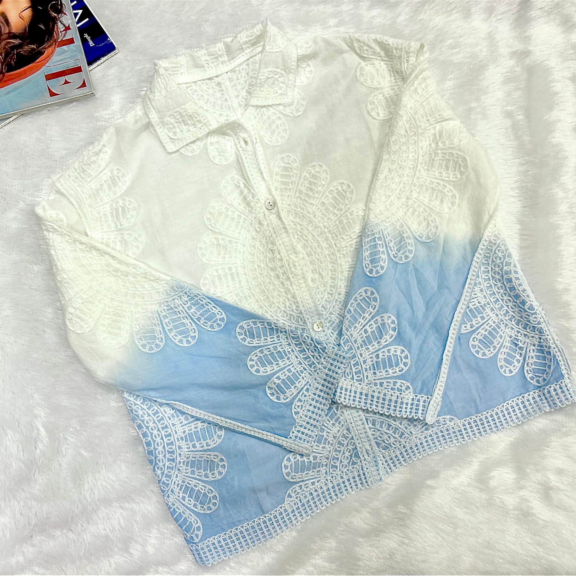 Blue & White Ombre All Over Embroidered Shirt