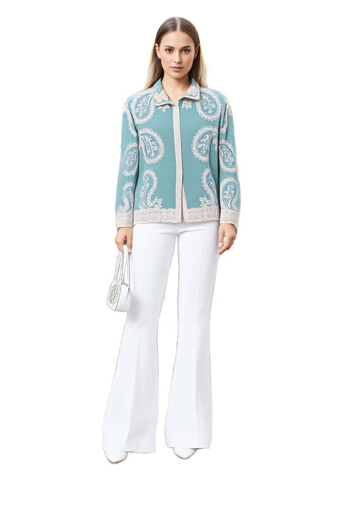 Green Paisley Embroidered Bohemian Relaxed Fit Shirt - VEARMEE