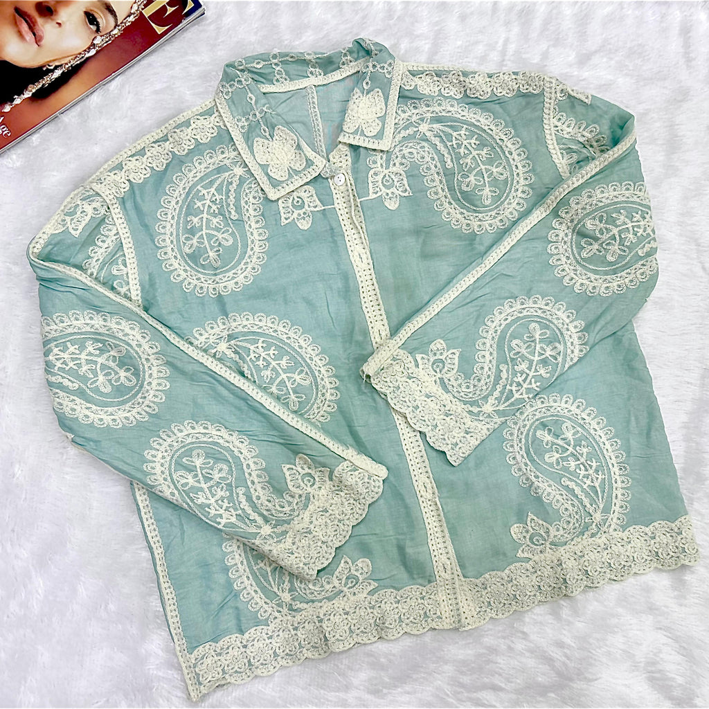 Green Paisley Embroidered Bohemian Relaxed Fit Shirt