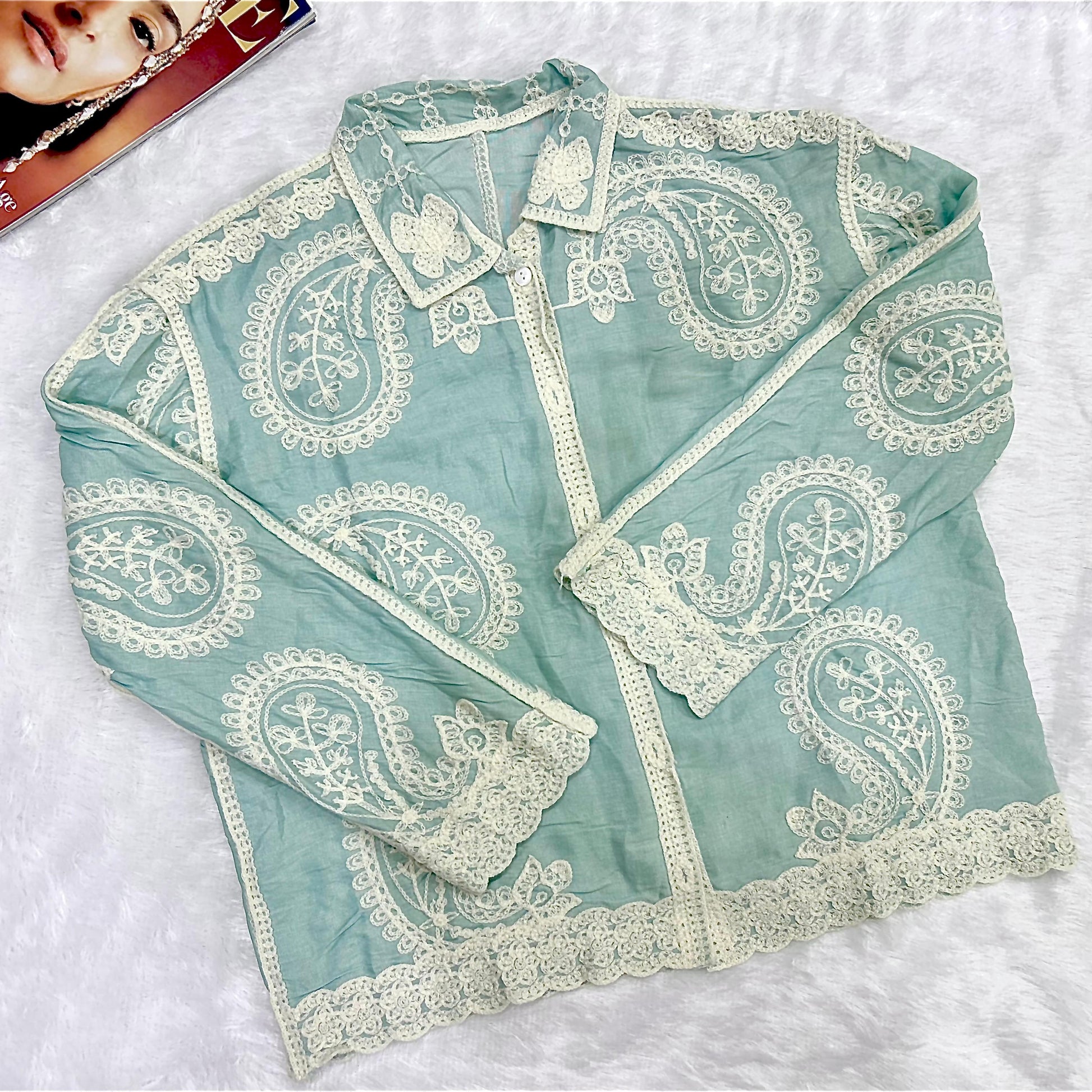 Green Paisley Embroidered Bohemian Relaxed Fit Shirt