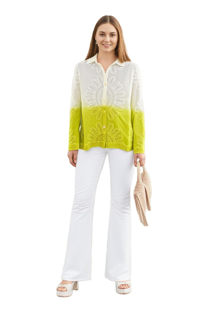 Green & White Ombre All Over Embroidered Shirt - VEARMEE