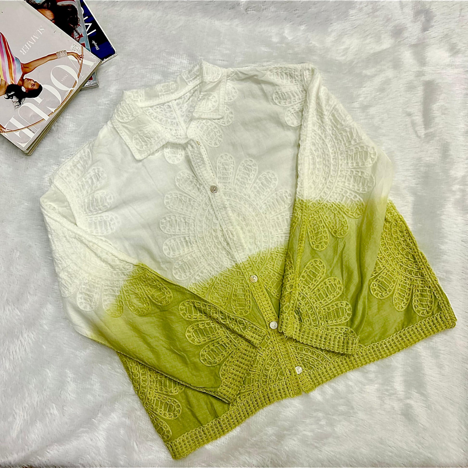 Green & White Ombre All Over Embroidered Shirt
