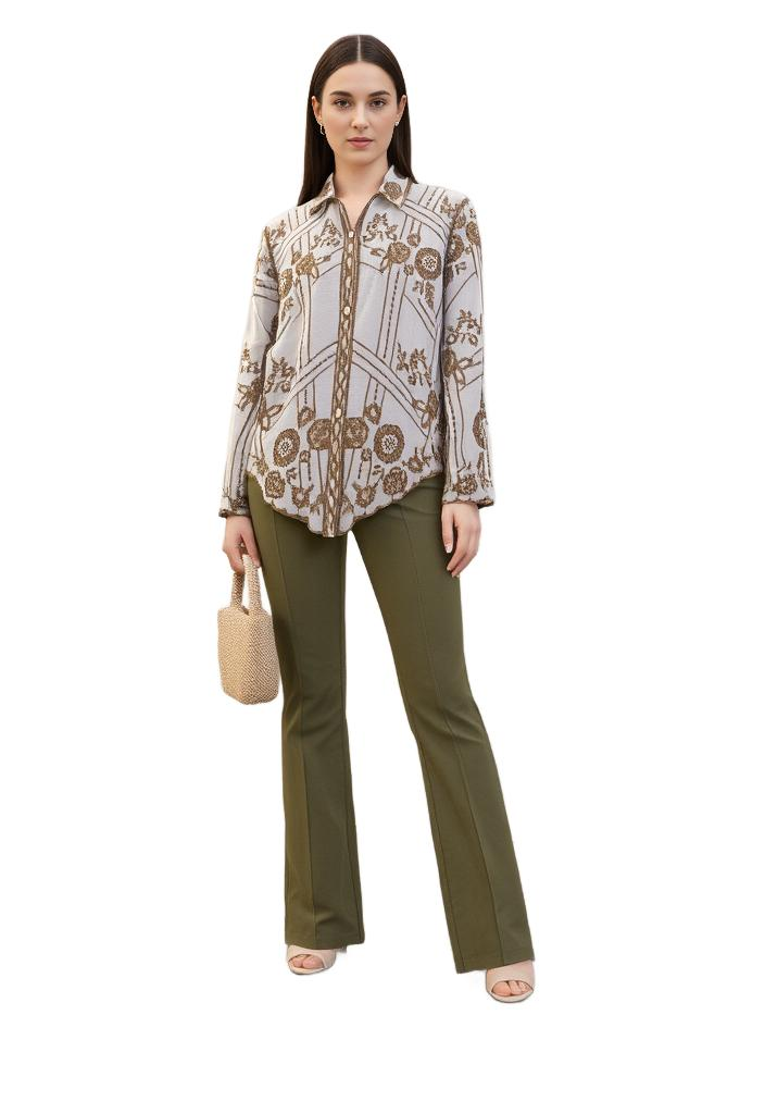 Khaki & White Floral Embroidered Relaxed Fit Shirt - VEARMEE