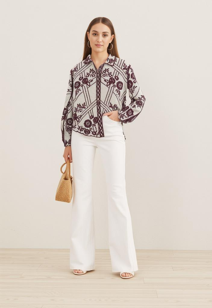 Maroon & White Floral Embroidered Relaxed Fit Shirt - VEARMEE