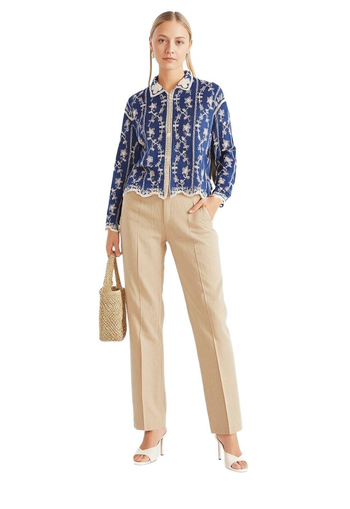 Navy Floral Embroidered Bohemian Relaxed Fit Shirt - VEARMEE