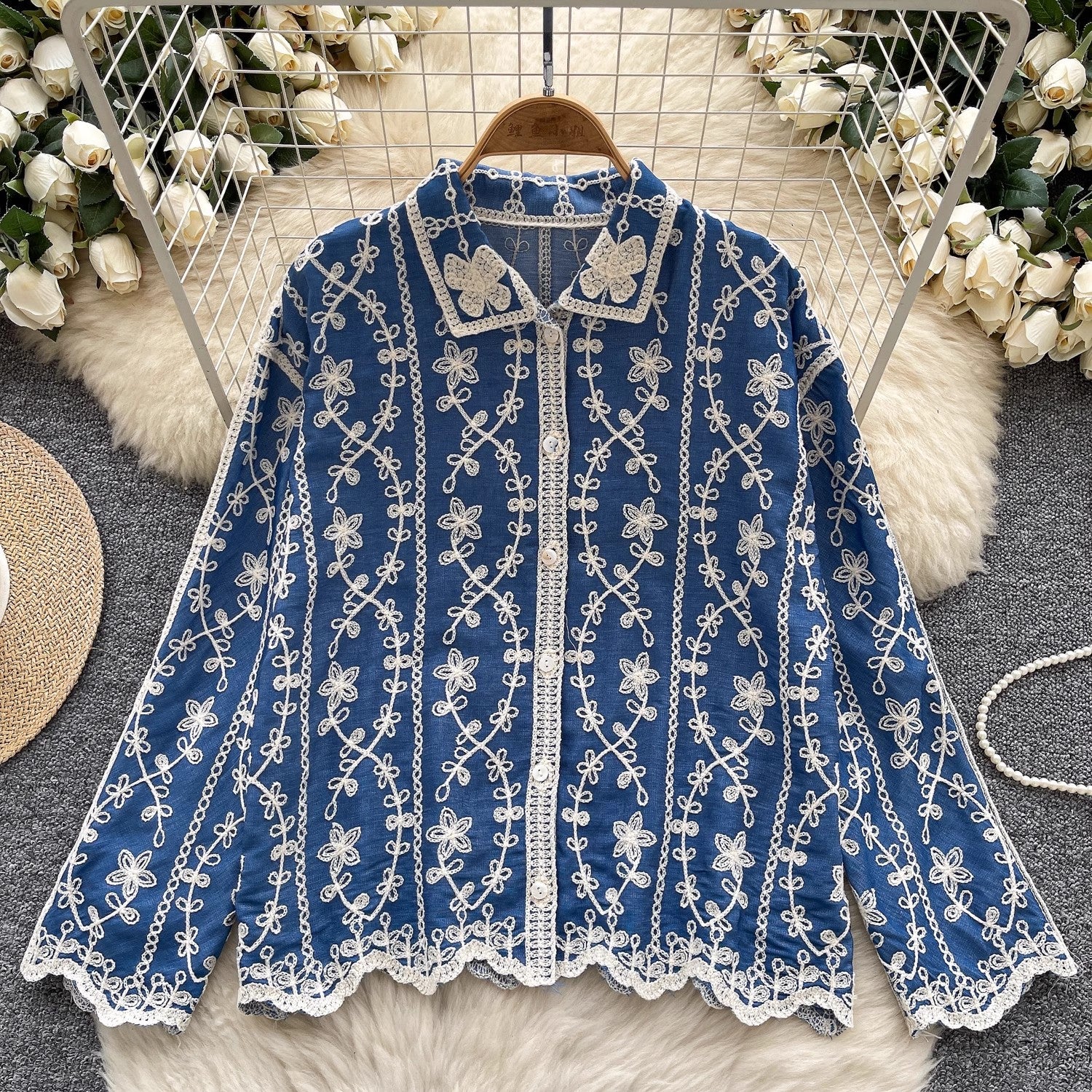 Navy Floral Embroidered Bohemian Relaxed Fit Shirt