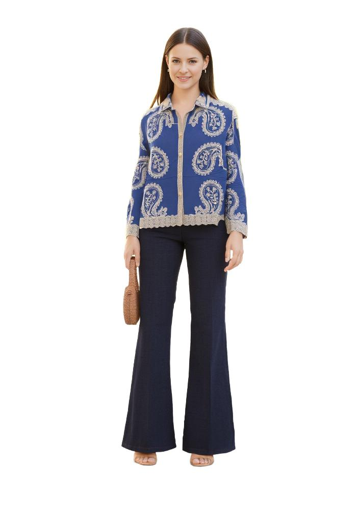 Navy Paisley Embroidered Bohemian Relaxed Fit Shirt - VEARMEE