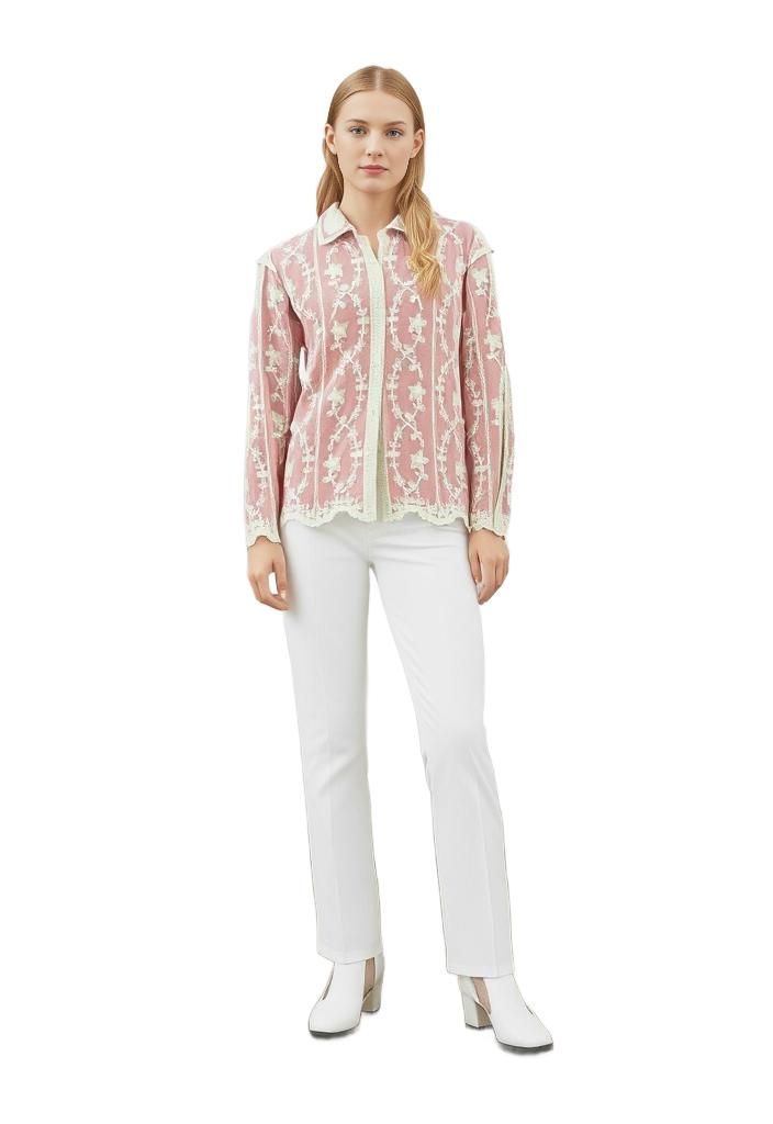 Nude Floral Embroidered Bohemian Relaxed Fit Shirt - VEARMEE