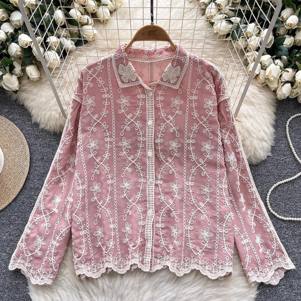 Nude Floral Embroidered Bohemian Relaxed Fit Shirt