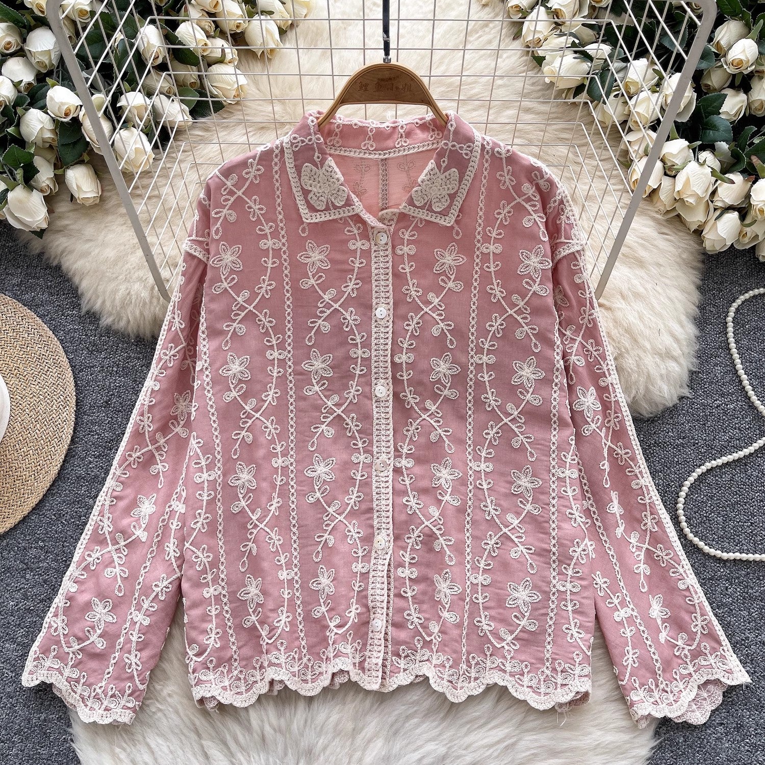 Nude Floral Embroidered Bohemian Relaxed Fit Shirt