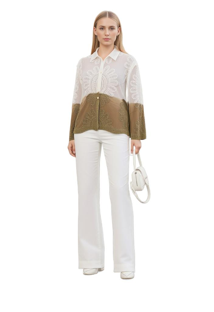 Olive & White Ombre All Over Embroidered Shirt - VEARMEE