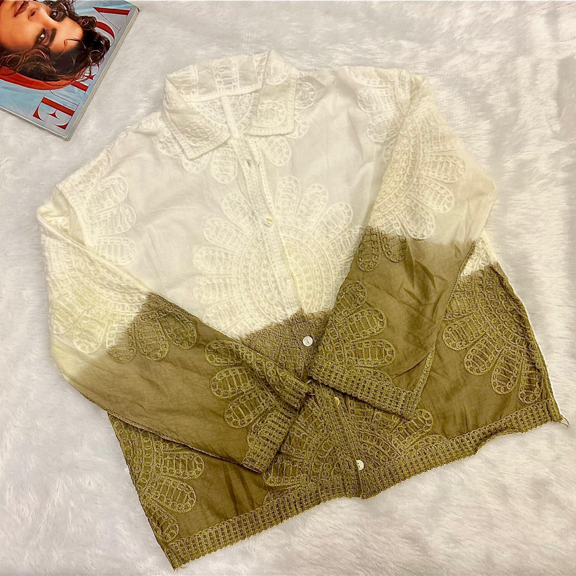Olive & White Ombre All Over Embroidered Shirt