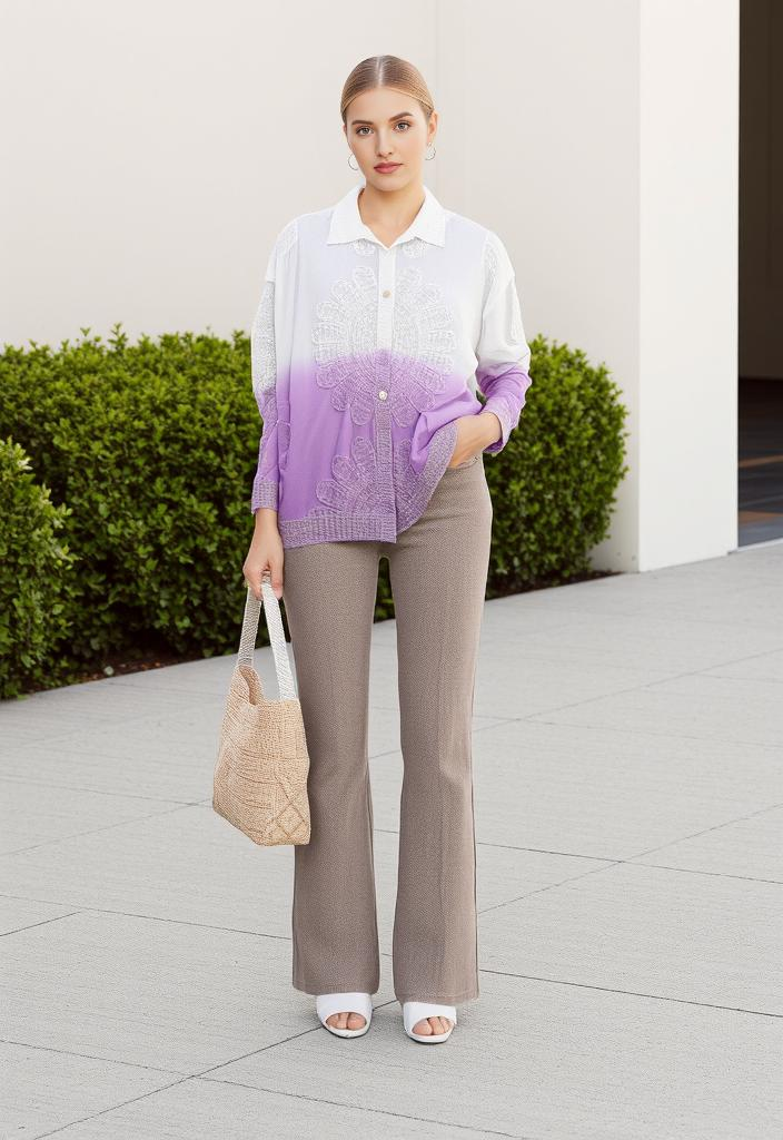 Purple & White Ombre All Over Embroidered Shirt - VEARMEE