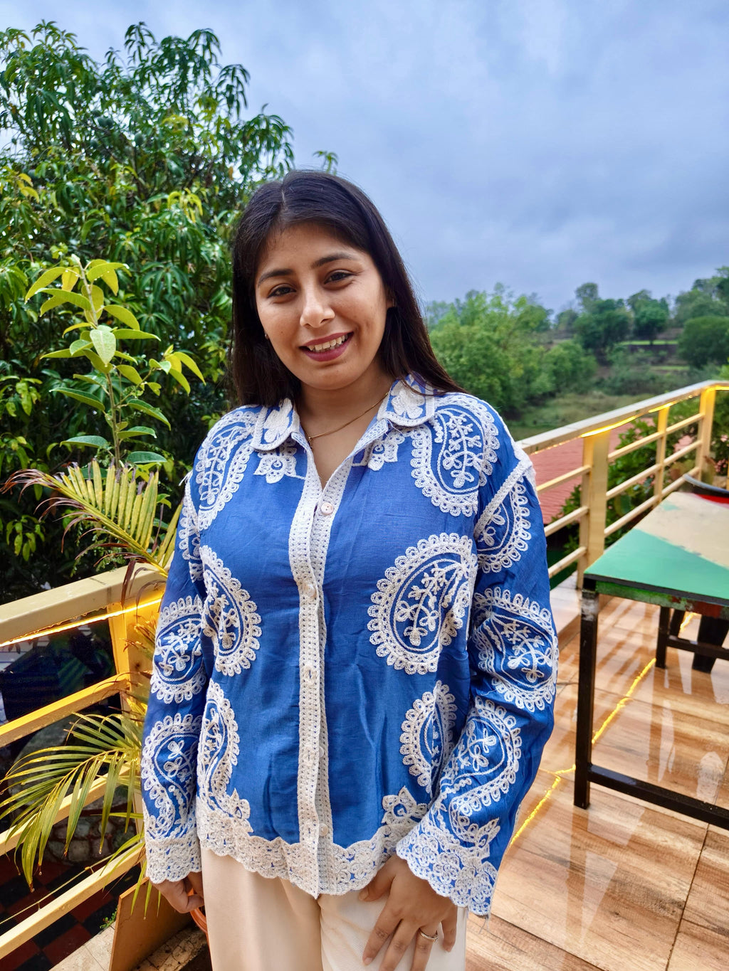 Navy Paisley Embroidered Bohemian Relaxed Fit Shirt