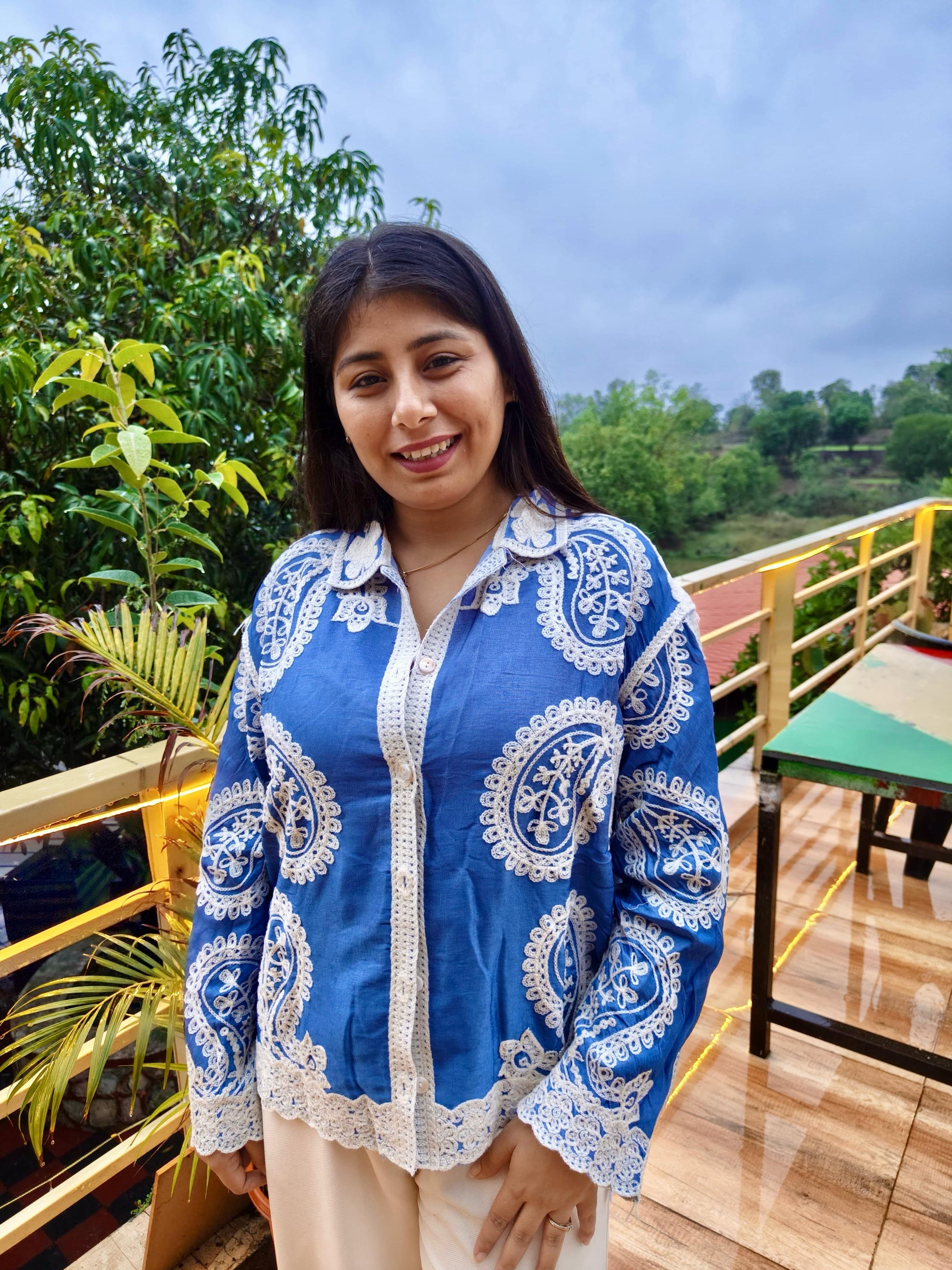 Navy Paisley Embroidered Bohemian Relaxed Fit Shirt