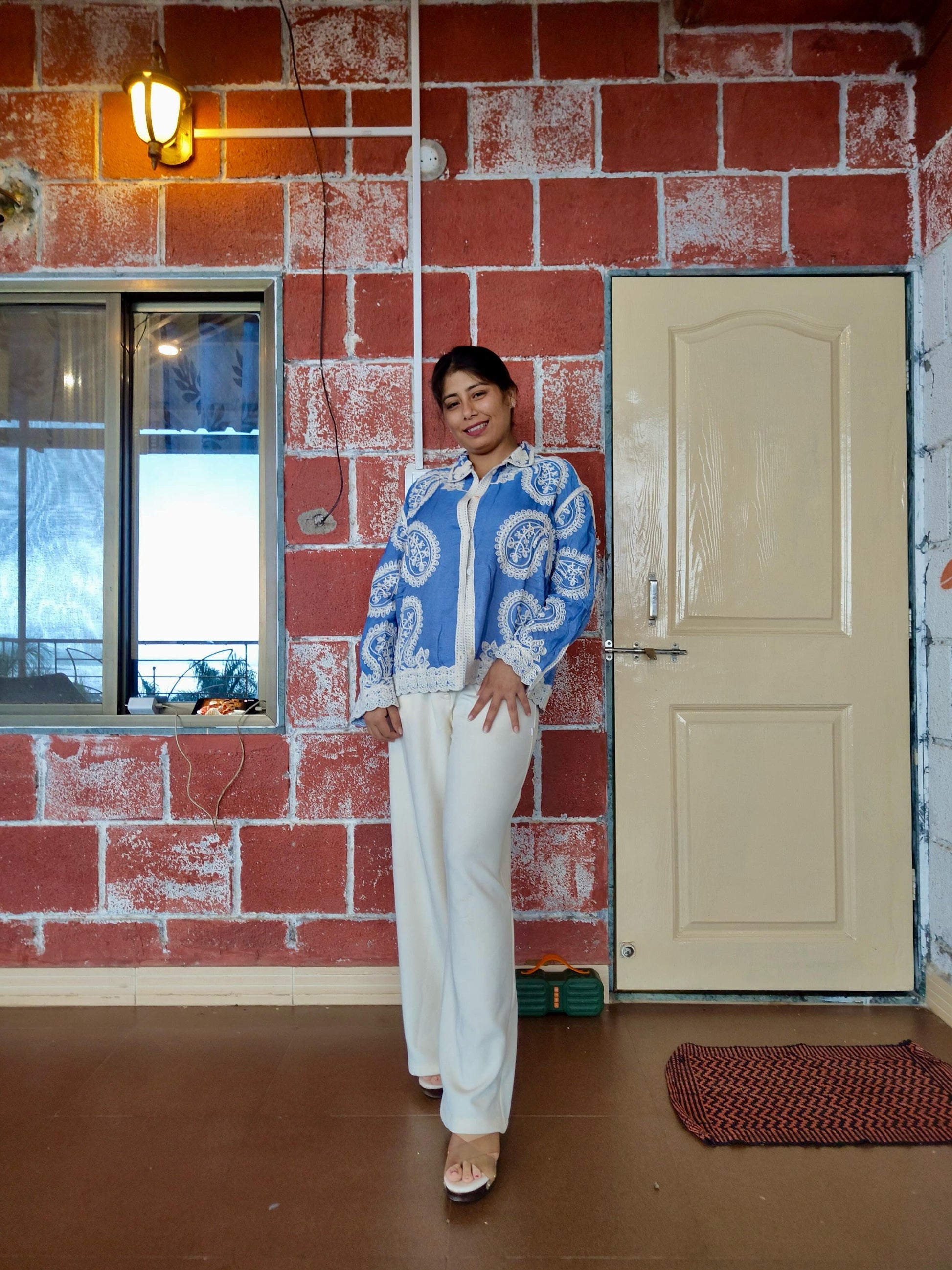 Navy Paisley Embroidered Bohemian Relaxed Fit Shirt