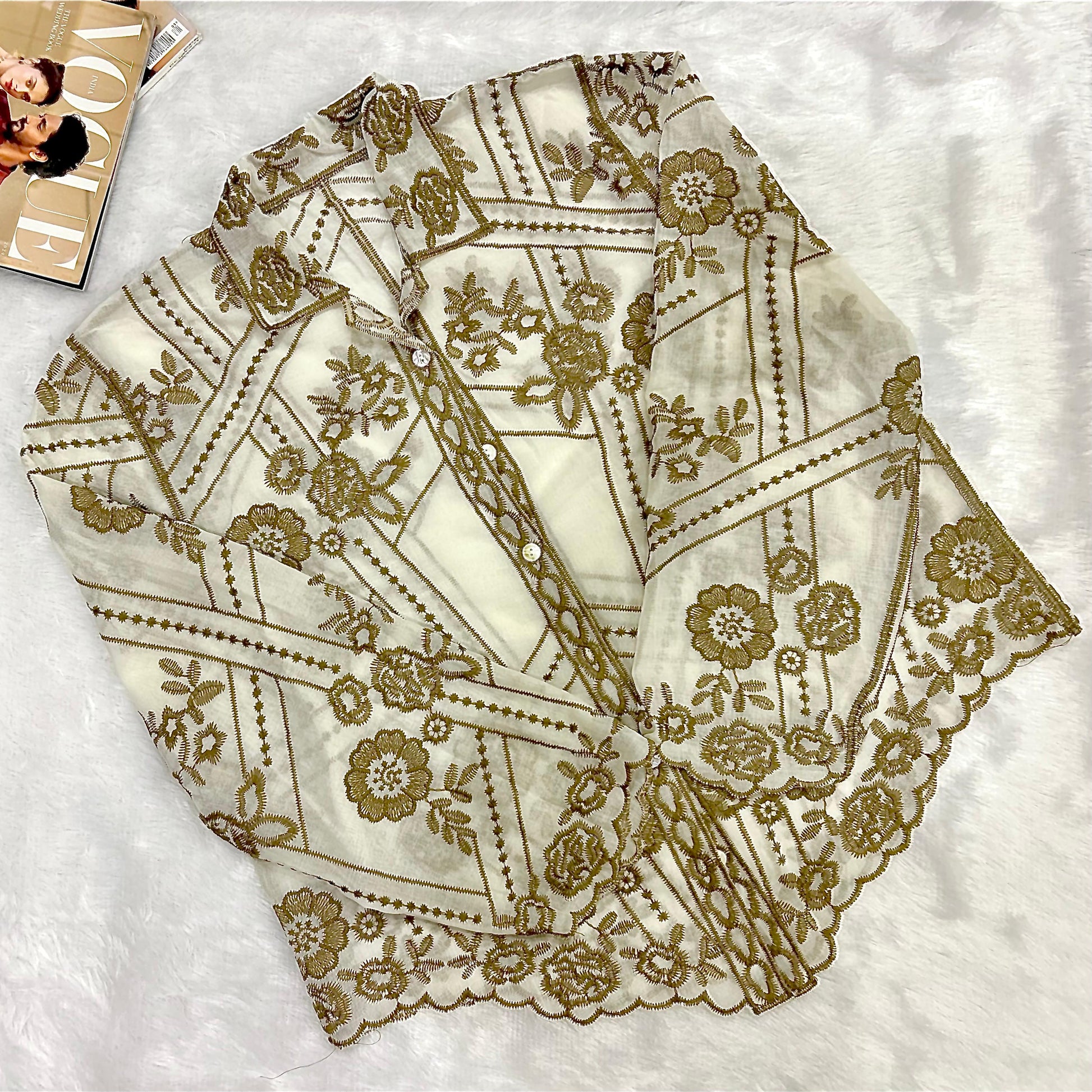 Khaki & White Floral Embroidered Relaxed Fit Shirt
